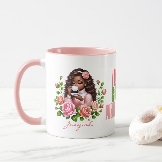 Caneca Menina Afro-Americana Chá de Rosas Positivas (Com Donut)