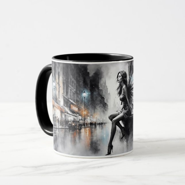 Caneca Menina alada mística, negra e branca, urbana (Frente Esquerda)