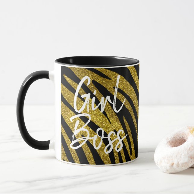 Caneca Menina Chefe Zebra Stripes e Faux Dourada Glitter (Com Donut)