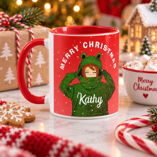 Caneca Menina com Desenho de Capuz de Sapo Verde Natal