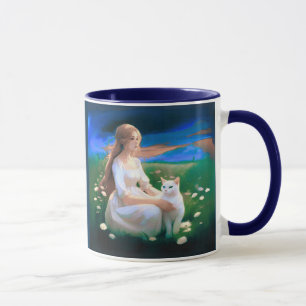 Caneca Menina com um Gato em um Prado ao Crepúsculo