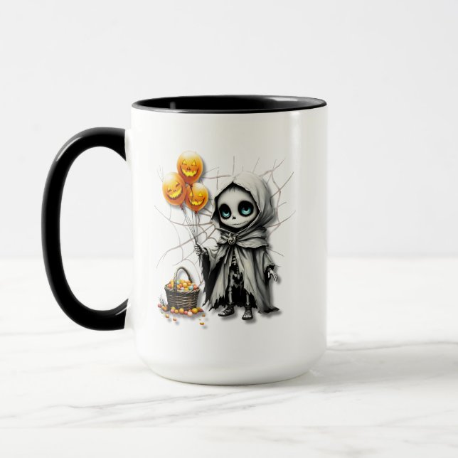 Caneca Menina Esqueleto Fofa com Balões de Abóbora (Esquerda)