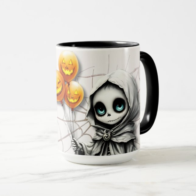 Caneca Menina Esqueleto Fofa com Balões de Abóbora (Frente Esquerda)