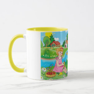 Caneca menina no prado, entre flores e borboletas
