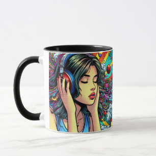 Caneca Menina ouvindo música em Fones de ouvido Psicodéli
