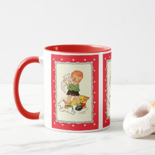 Caneca Menino Antigo Salvando um Gatinho de Cachorrinhos 