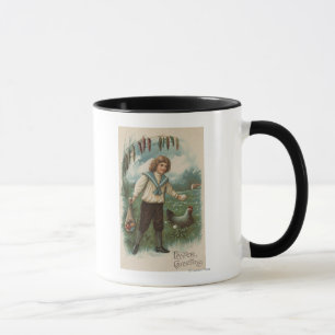 Caneca Menino com a cesta do ovo da páscoa que guardara 