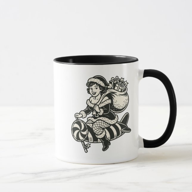 Caneca Mère Noël rétro sur fusée en sucre d’orge. (Direita)