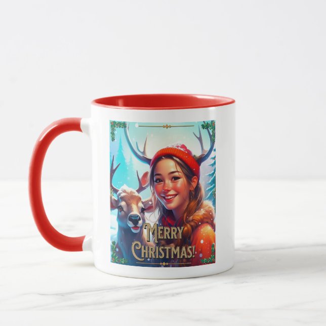 CANECA MERRY CHRISTMAS REINDEER COM GAROTA FELIZ (Esquerda)