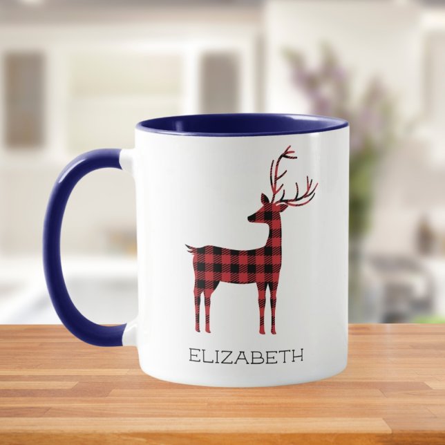Caneca Merry Christmas Reindeer Xadrez Gift Blue Café (Criador carregado)