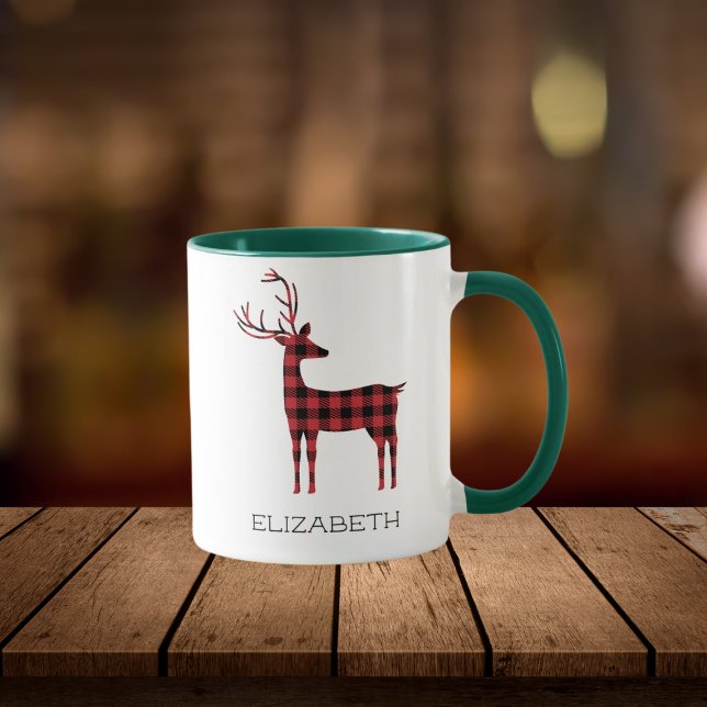 Caneca Merry Christmas Reindeer Xadrez Gift Green Café (Criador carregado)