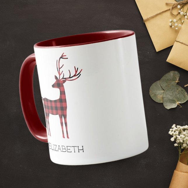 Caneca Merry Christmas Reindeer Xadrez Gift Maroon Café (Criador carregado)