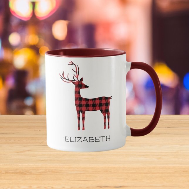 Caneca Merry Christmas Reindeer Xadrez Gift Maroon Café (Criador carregado)