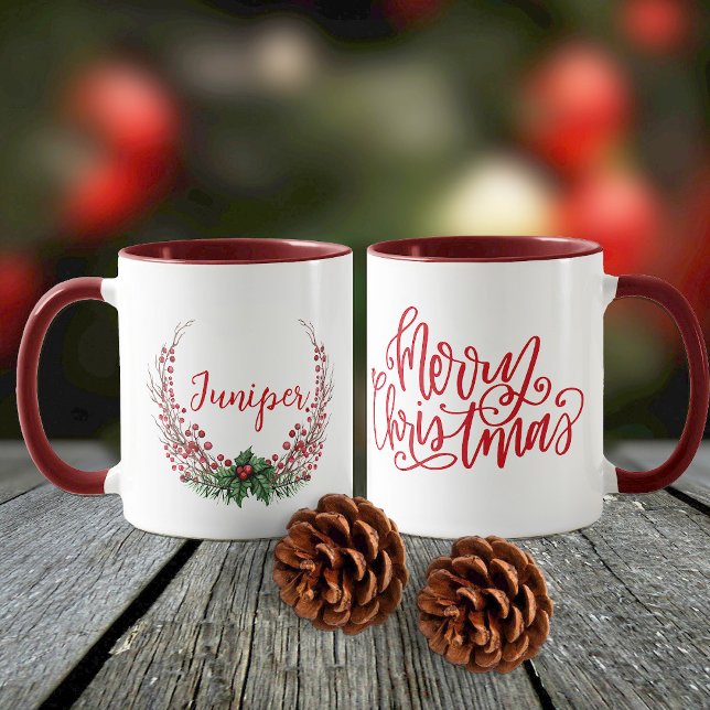 Caneca Merry Christmas Wreath Name (Criador carregado)