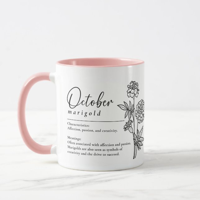 Caneca Mês de Nascimento de Outubro Flor Marigold Minimal (Esquerda)