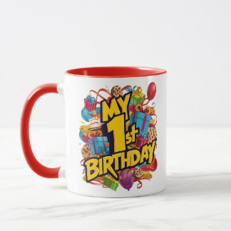 Caneca Meu primeiro aniversario Cookies Bolo E Balões