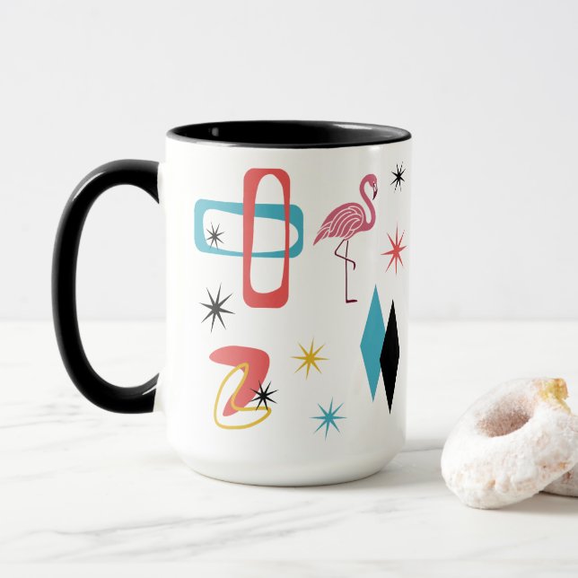 Caneca Mid Century Pink Flamingo Ovals Starburst Diamonds (Com Donut)
