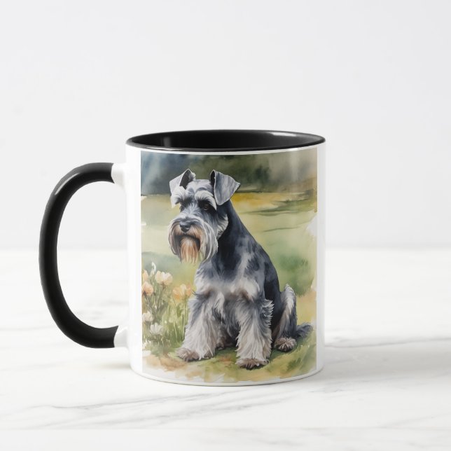 Caneca Miniatura Schnauzer no jardim - Aquarela (Esquerda)