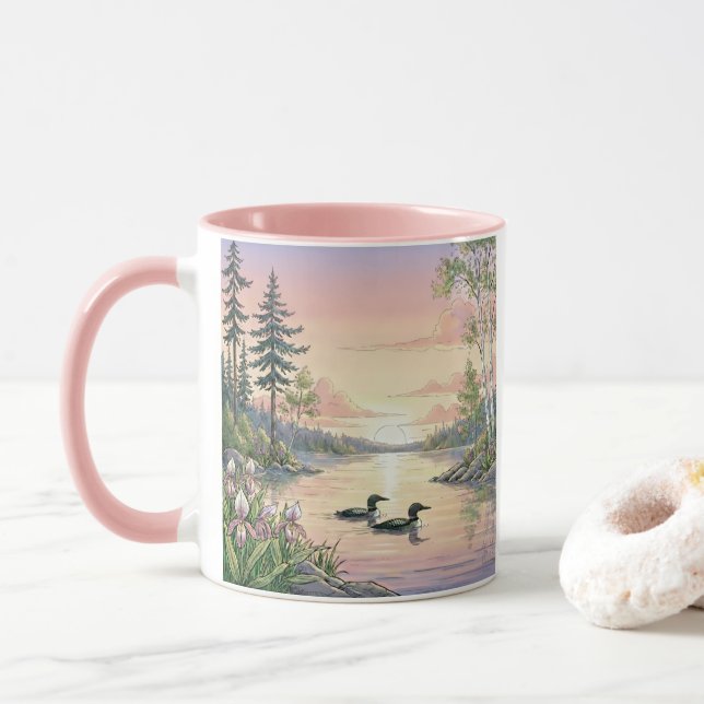 Caneca Minnesota Lake Sunset with Loons, Coffee Mug (Com Donut)