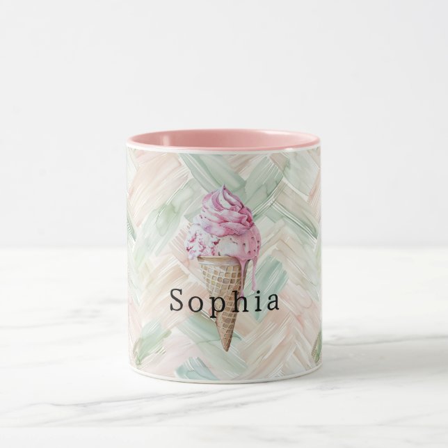 Caneca Mint Blush Stripes Strawberry Pink Ice Cream Cone (Centro)