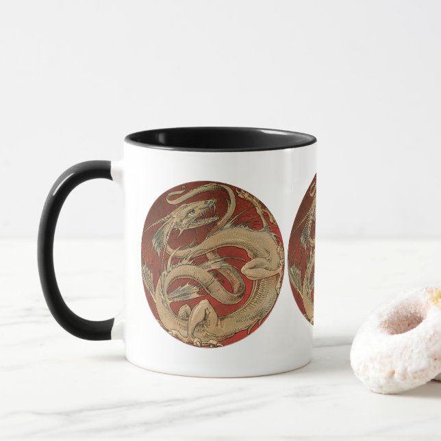Caneca Mitologia Vintage, Dragão Asiático Dourado Antigo (Com Donut)