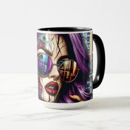 Caneca Moça Abstrato Bonito Colorida com Cabelo Roxo