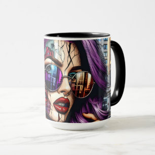 Caneca Moça Abstrato Bonito Colorida com Cabelo Roxo