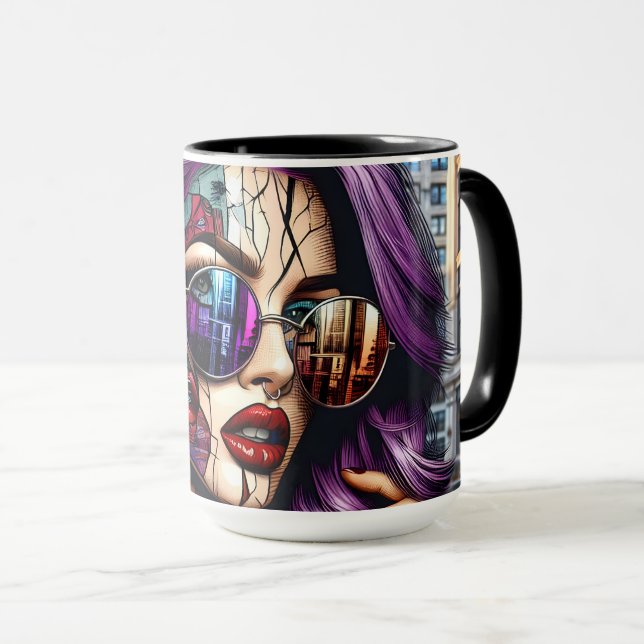 Caneca Moça Abstrato Bonito Colorida com Cabelo Roxo (Frente Esquerda)