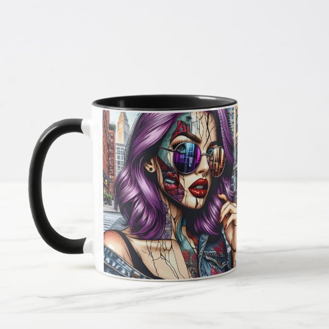 Caneca Moça Abstrato Bonito Colorida com Cabelo Roxo (Esquerda)