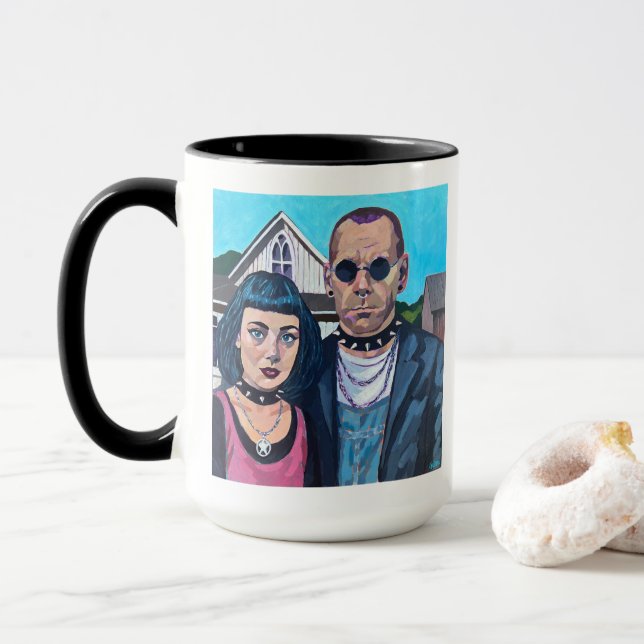 Caneca Modern American Gothic Art - Grant Woods Inspired (Com Donut)
