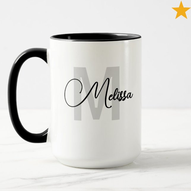Caneca Modern Black White Custom Name Cursive Monogram (Criador carregado)