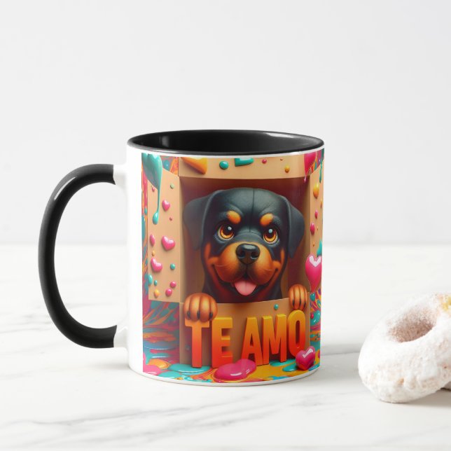 Caneca Modern Cute Dog Te Amo Valentines Day  (Com Donut)
