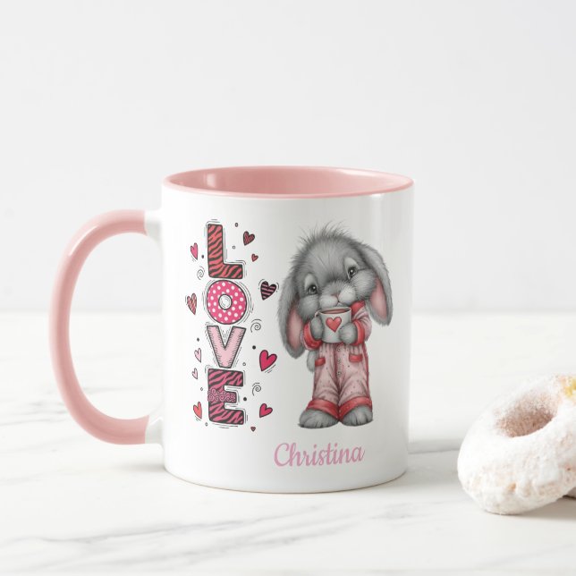 Caneca Modern Cute Love Bunny Valentines Day Name  (Com Donut)