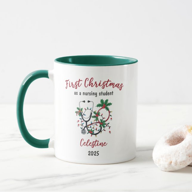 Caneca Modern First Christmas as a Nursing Student Custom (Com Donut)