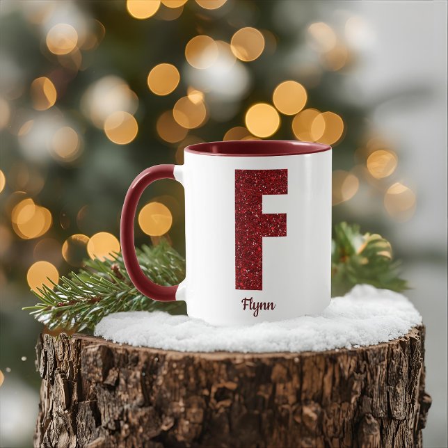 Caneca Modern Glitter Monogram F Mug with Name (Criador carregado)