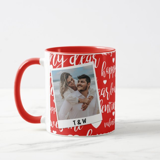 Caneca Modern Happy Valentines Day Script Couple Photo  (Esquerda)