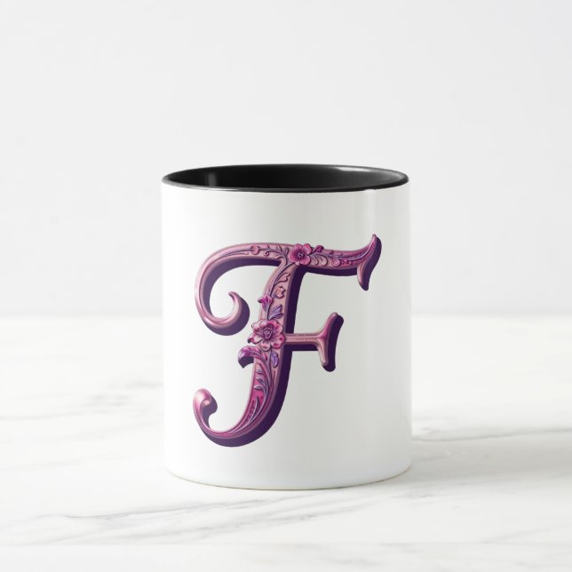 Caneca Modern Metallic Rosemaling Letter F, Pink/Purple (Centro)