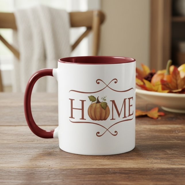Caneca Moderna Farmhouse "Home" Cozy Autumn (HOME rustic coffee mug with a pumpkin for the O in HOME.)