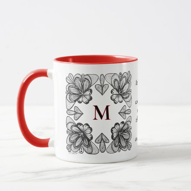 Caneca Moderno Doodle Preto e Branco e Inicial com Vermel (Esquerda)