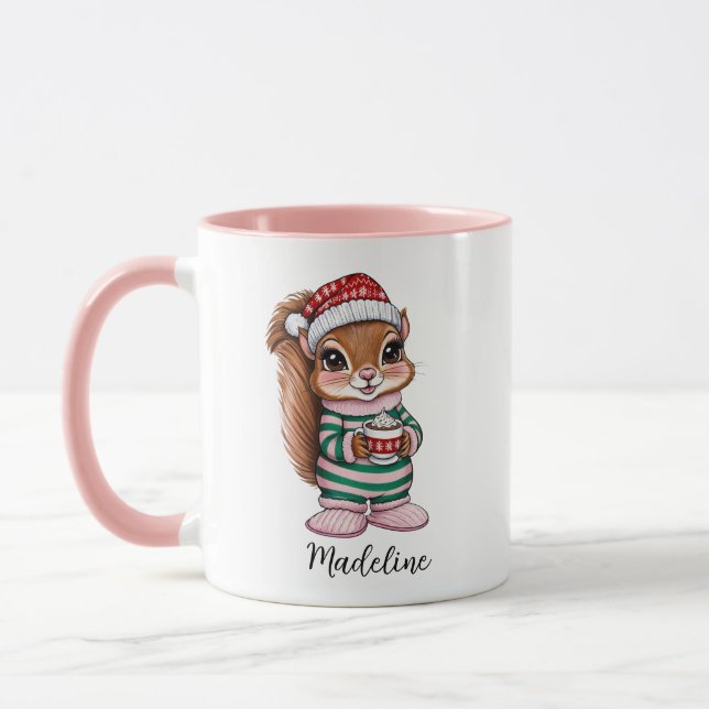 Caneca Mog de Esquilo de Natal Personalizado, Rosa (Esquerda)
