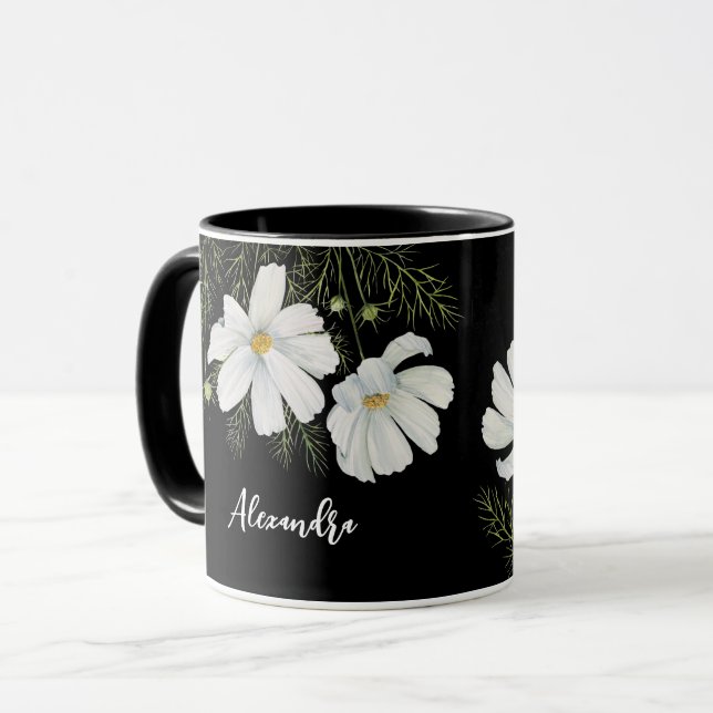 Caneca Mola-d-água Branca de Cosmos Flores Botânicas (Frente Esquerda)