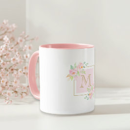 Caneca Mola Floral Cor-de-Água Rosa Monograma Personaliza