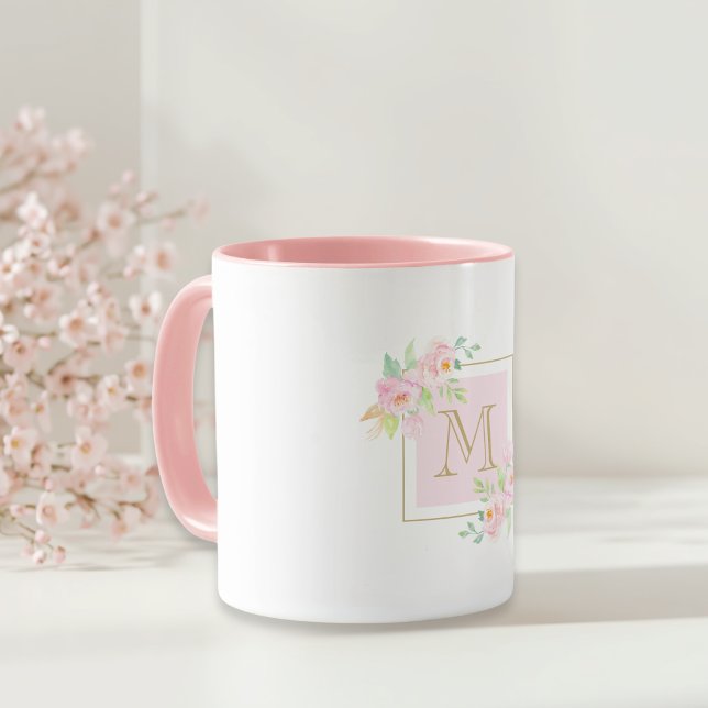 Caneca Mola Floral Cor-de-Água Rosa Monograma Personaliza (Criador carregado)