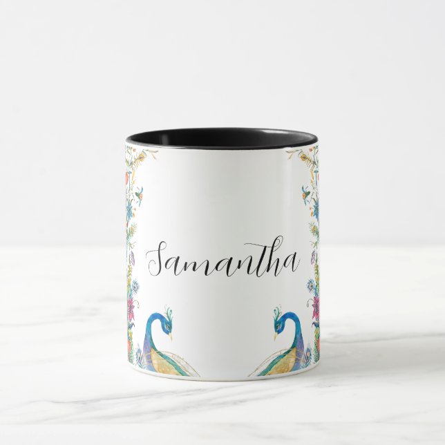 Caneca Moldura de peacocks com flores a aquarela (Centro)