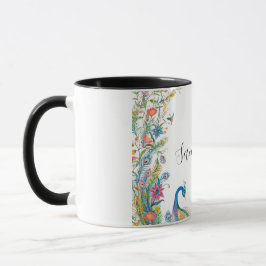 Caneca Moldura de peacocks com flores a aquarela