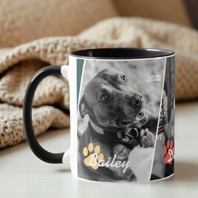 Caneca Moldura Geométrica Moderna Pet Paw Três Fotos (Criador carregado)