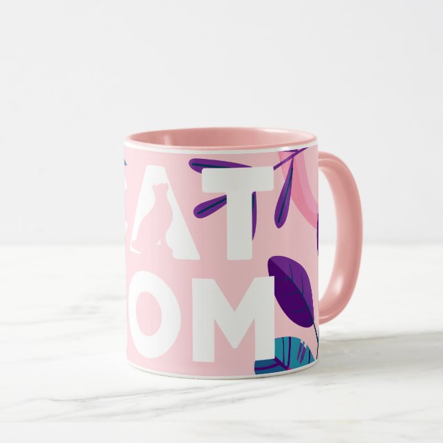 Caneca MOM CAT, Floral Cor-de-Rosa e Folha (Frente Esquerda)