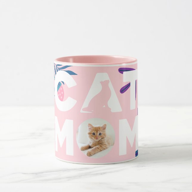 Caneca MOM CAT, Sua Foto, Flores Rosa E Deixa Mug (Centro)