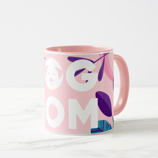 Caneca MOM DOG, Floral Rosa e Folhas (Frente Esquerda)