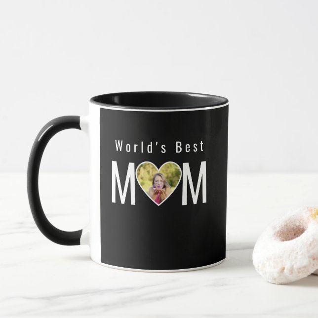 Caneca Mom Photo in Black Heart Frame Modern Calligraphy (Com Donut)